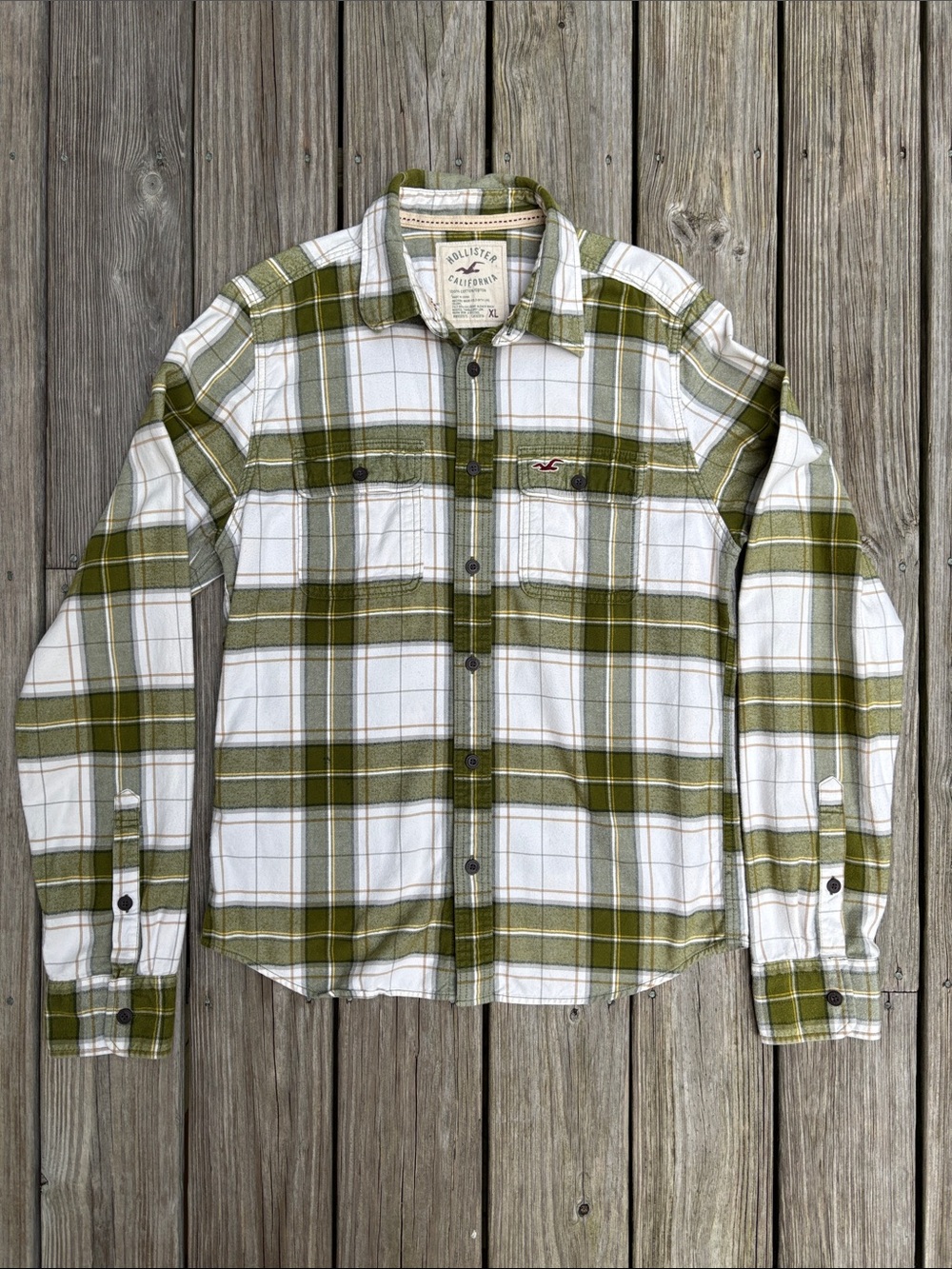 HOLLISTER | Green/White Y2K Plaid Flannel Button Up Gorpcore Cozy Shirt | XL